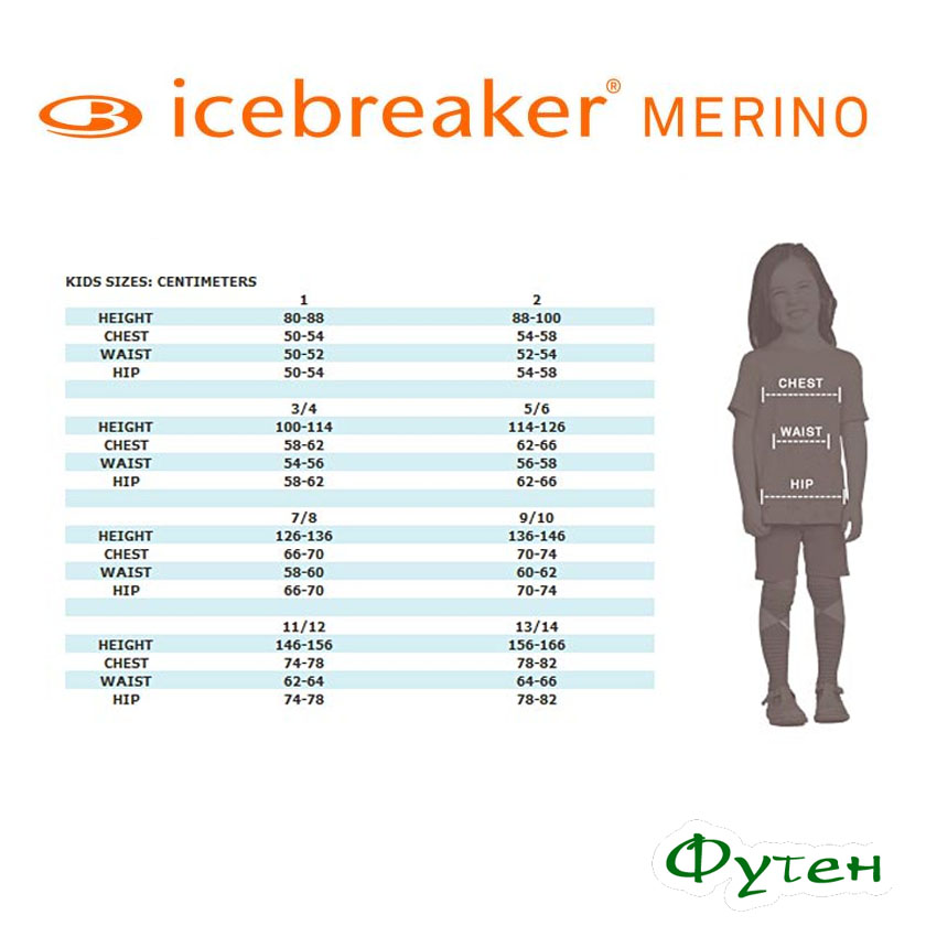 Размерная сетка Icebreaker KIDS OASIS LS CREWE JN splash